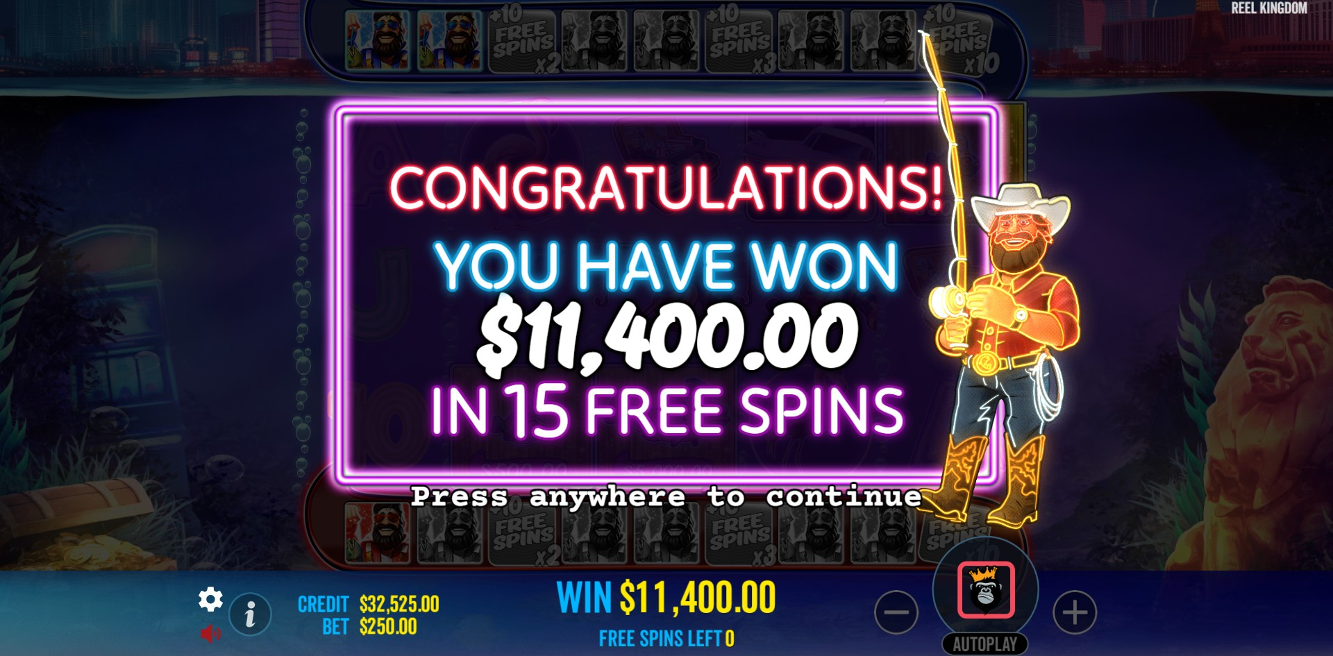 Win summary after free spins in Big Bass Vegas